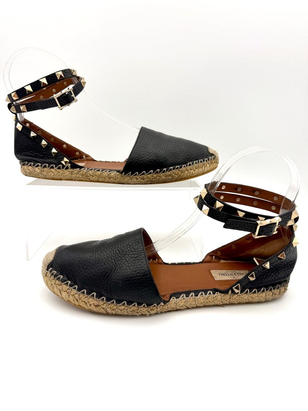 Valentino Rockstud Espadrille Sandal Black Leather Size 39 / 9 Ankle Strap